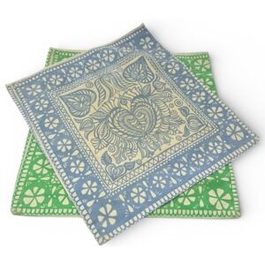 Vintage 1970s Folk Floral Block Print Pillowcases Green Blue Scandinavian Boho